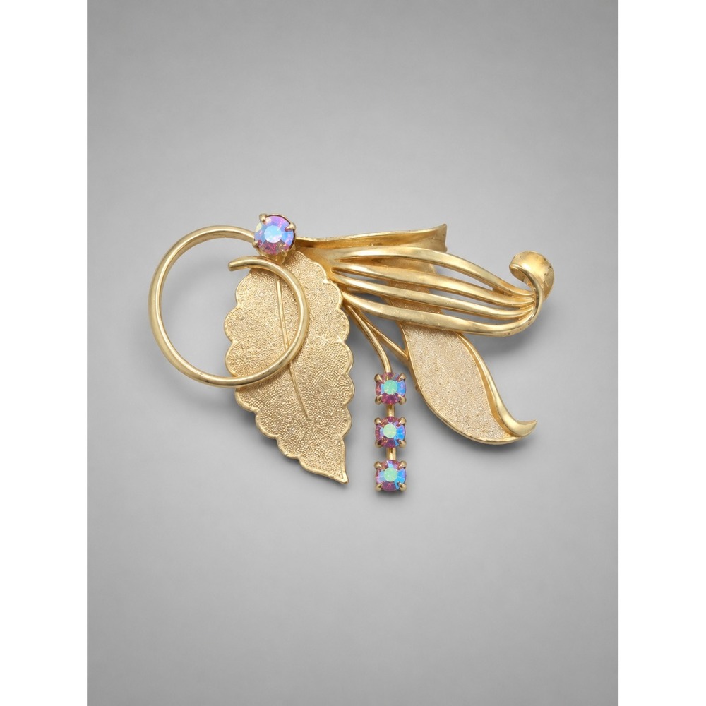 Vintage West Germany Floral Brooch Pin Pink AB Rhinestones Gold-tone fb1-713-2